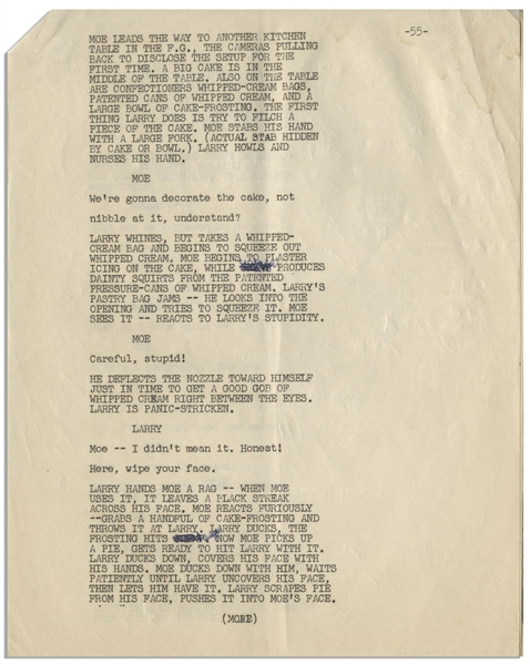 Moe Howard's 6pp. Script for a Three Stooges Skit, Circa Early 1960s, Hand-Annotated by Moe Who Changes Shemp's Name to Curly Joe -- Very Good
